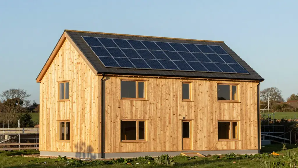 A timber-clad self-build house with a dark solar array across its pitched roof, standing on open ground at golden hour