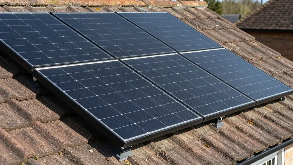 Close view of black solar panels mounted on a pitched clay-tile roof with neat edging around the array