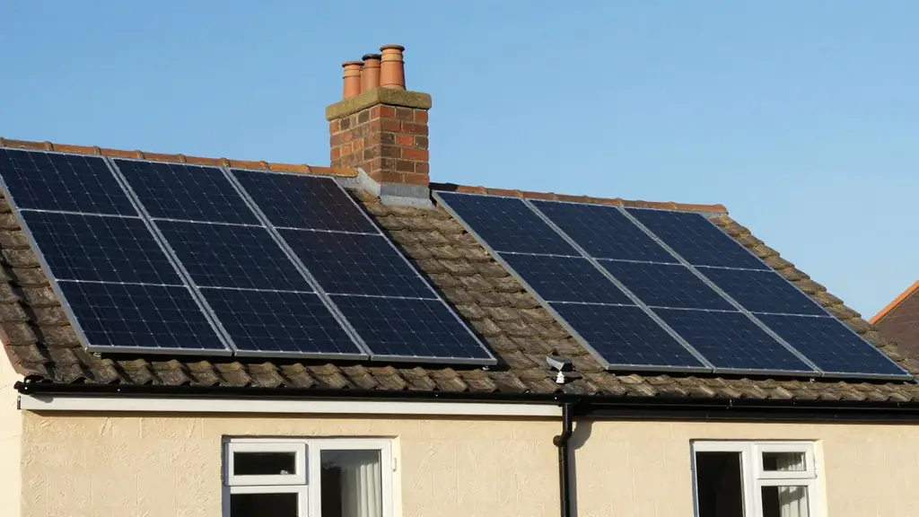 Two arrays of black solar panels on a tiled house roof beside a brick chimney under a clear blue sky