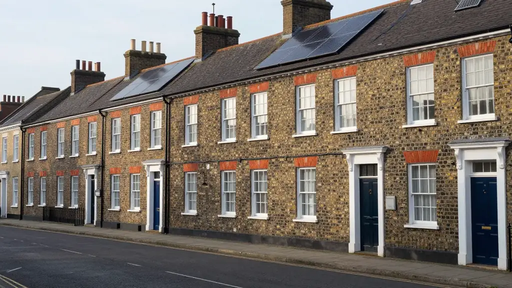 A Georgian brick terrace with discreet black solar panels on the roof slope, seen from an empty street