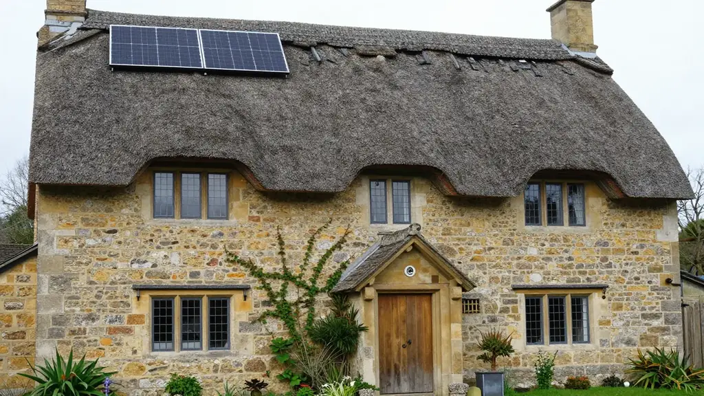 A stone cottage with a thatched roof and a small black solar array set high on the roof, leaded windows below