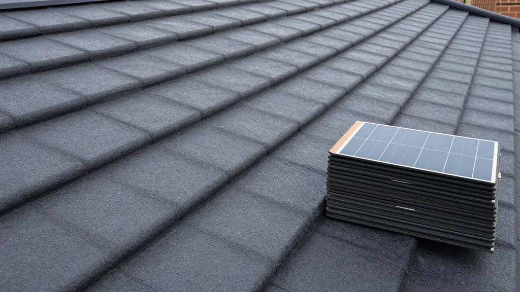 Dark solar roof tiles laid in overlapping rows on a new roof, with a stack of spare tiles resting beside them