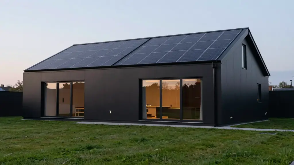 A sleek modern black house with a smooth dark solar roof at dusk, with a lawn in front